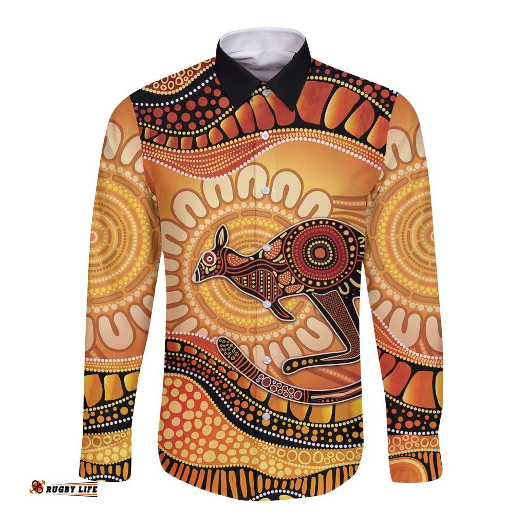 Indigenous Kangaroo Australia Long Sleeve Button Shirt Australian Aboriginal Art Proud LT14