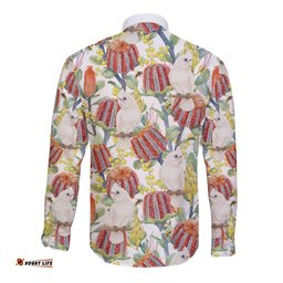 Little Corella Australia Cockatoo Long Sleeve Button Shirt Cacatua Sanguinea Banksia Seamless White LT14