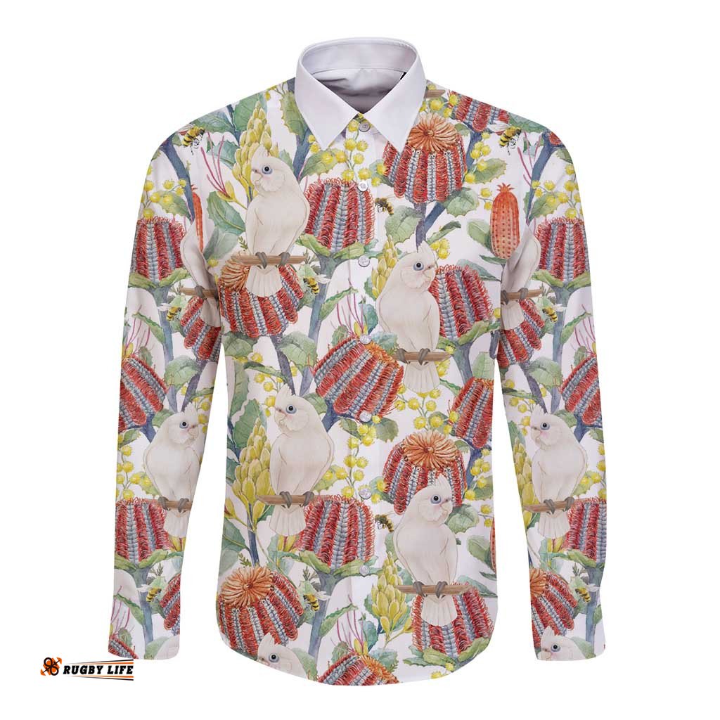 Little Corella Australia Cockatoo Long Sleeve Button Shirt Cacatua Sanguinea Banksia Seamless White LT14