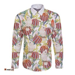 Little Corella Australia Cockatoo Long Sleeve Button Shirt Cacatua Sanguinea Banksia Seamless White LT14