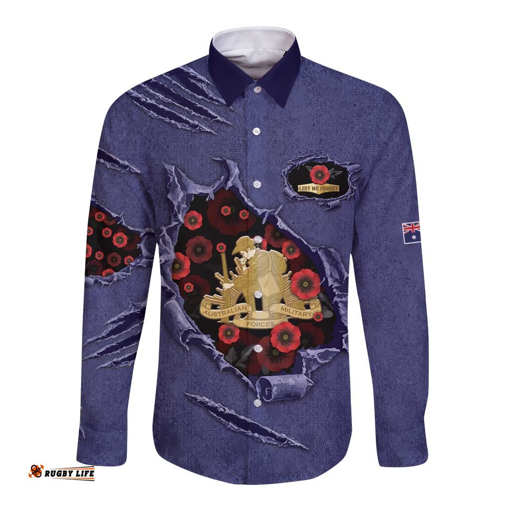 Personalised ANZAC Day Long Sleeve Button Shirt Poppy Flowers Ripped Fabric Effect DT05