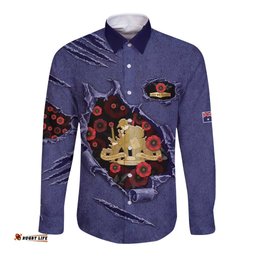Personalised ANZAC Day Long Sleeve Button Shirt Poppy Flowers Ripped Fabric Effect DT05