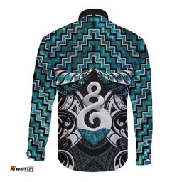 New Zealand Maori Long Sleeve Button Shirt Poutama Pikorua Turquoise Paua Shell LT05