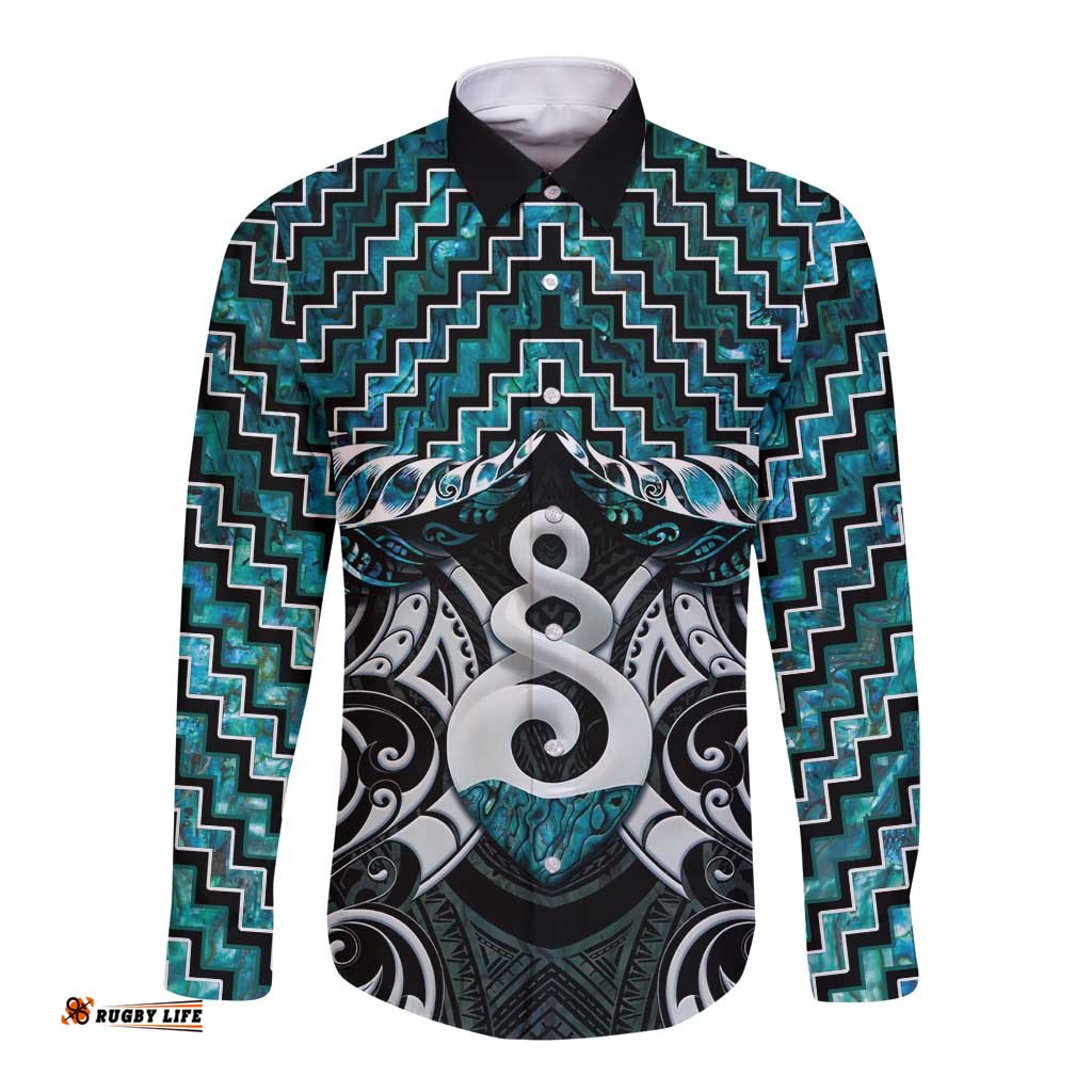 New Zealand Maori Long Sleeve Button Shirt Poutama Pikorua Turquoise Paua Shell LT05