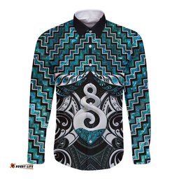 New Zealand Maori Long Sleeve Button Shirt Poutama Pikorua Turquoise Paua Shell LT05