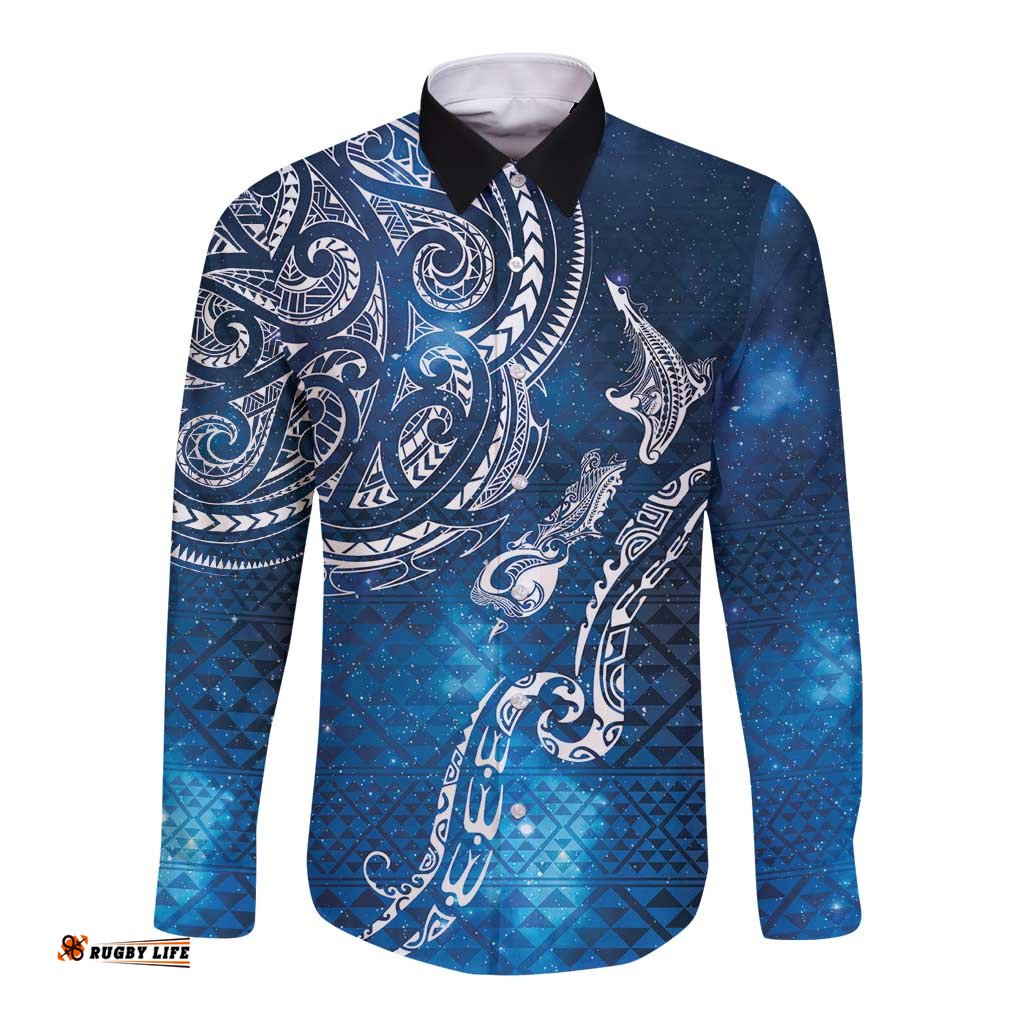 Matariki Galaxy Long Sleeve Button Shirt New Zealand Map Maori Pattern LT9