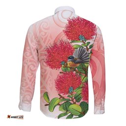 New Zealand Fantail Long Sleeve Button Shirt Maori Koru With Pohutukawa Flowers LT05