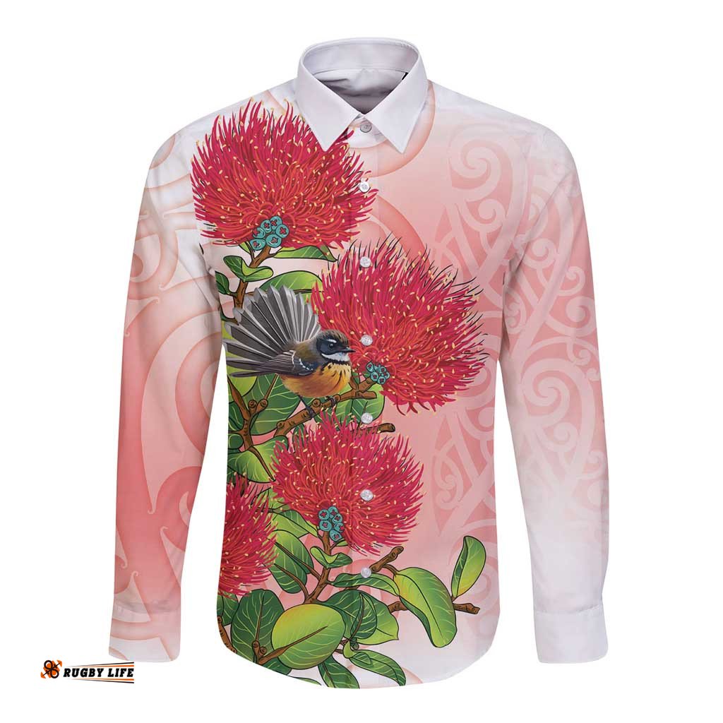 New Zealand Fantail Long Sleeve Button Shirt Maori Koru With Pohutukawa Flowers LT05