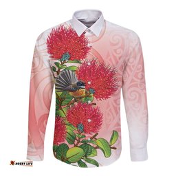 New Zealand Fantail Long Sleeve Button Shirt Maori Koru With Pohutukawa Flowers LT05