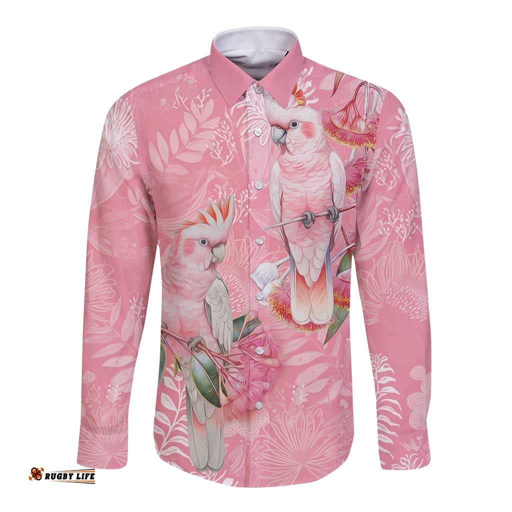 Personalised Galah Cockatoo Eucalyptus Flowers Long Sleeve Button Shirt Australian Breast Cancer Spirit LT9