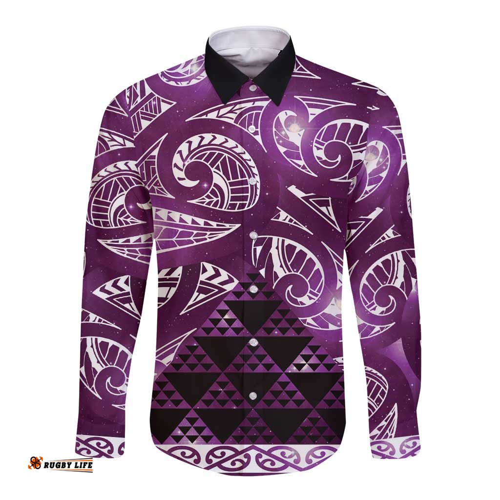 Matariki New Zealand Long Sleeve Button Shirt NZ Niho Taniwha Maori New Year Purple Galaxy LT14