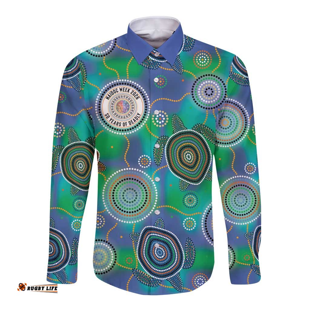 NAIDOC 50 Years of Deadly Long Sleeve Button Shirt Sea Turtle Aboriginal Dot Art LT19