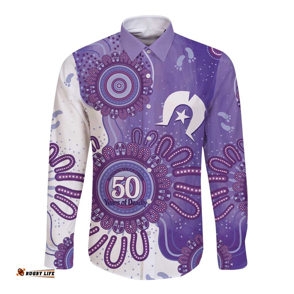 NAIDOC Week 2026 Long Sleeve Button Shirt 50 Years Deadly Dhari Purple Aboriginal Art LT14