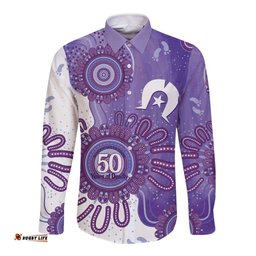 NAIDOC Week 2026 Long Sleeve Button Shirt 50 Years Deadly Dhari Purple Aboriginal Art LT14