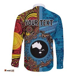 Personalised Australia and Fiji Together Long Sleeve Button Shirt Tribal Palm Tree with Tapa and Aboriginal Animals Half Style LT03