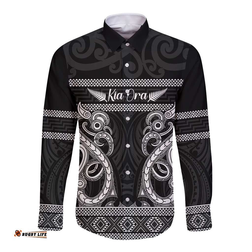 Kia Ora New Zealand Long Sleeve Button Shirt Maori Language Week Pango Taniko Motif LT14
