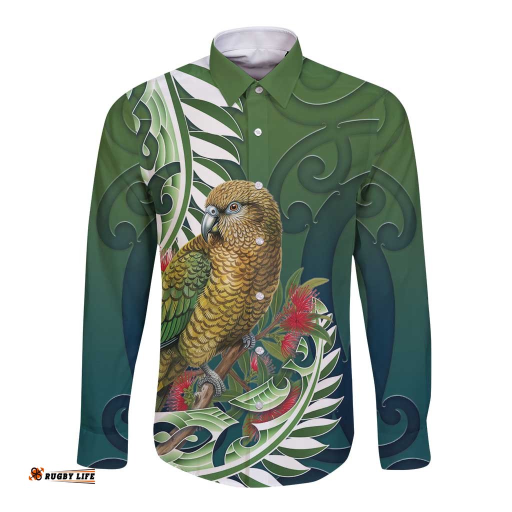 New Zealand Kea Bird Long Sleeve Button Shirt With Maori Koru Fern LT05