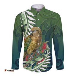 New Zealand Kea Bird Long Sleeve Button Shirt With Maori Koru Fern LT05