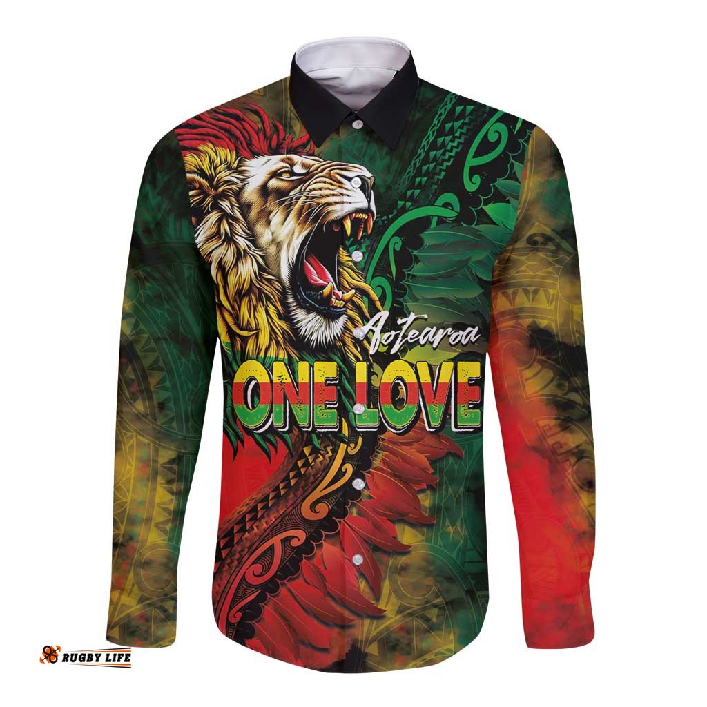 Aotearoa One Love Long Sleeve Button Shirt Reggae Lion with Kakahu Huruhuru LT03