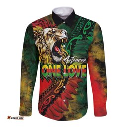 Aotearoa One Love Long Sleeve Button Shirt Reggae Lion with Kakahu Huruhuru LT03
