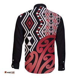 New Zealand Long Sleeve Button Shirt Aotearoa Kowhaiwhai Mix Taniko Art - Red LT14