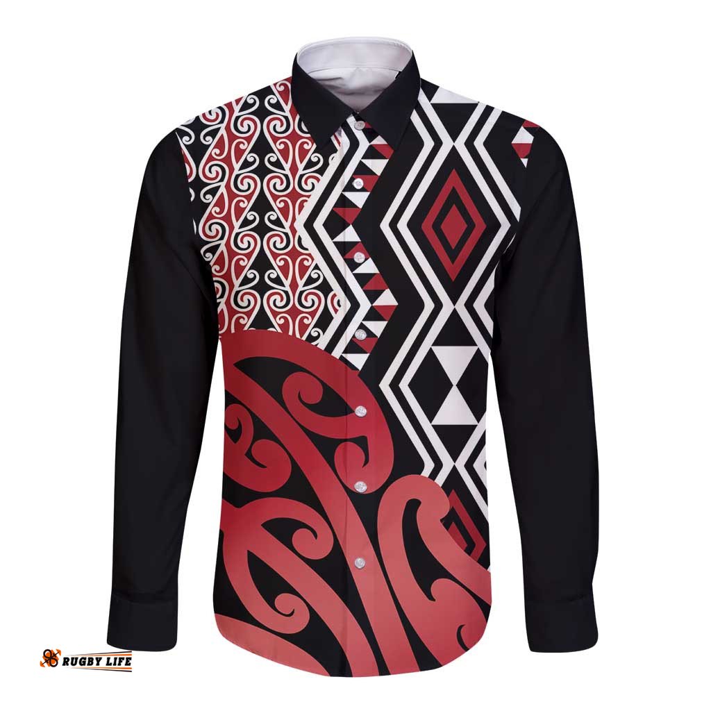 New Zealand Long Sleeve Button Shirt Aotearoa Kowhaiwhai Mix Taniko Art - Red LT14