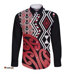 New Zealand Long Sleeve Button Shirt Aotearoa Kowhaiwhai Mix Taniko Art - Red LT14