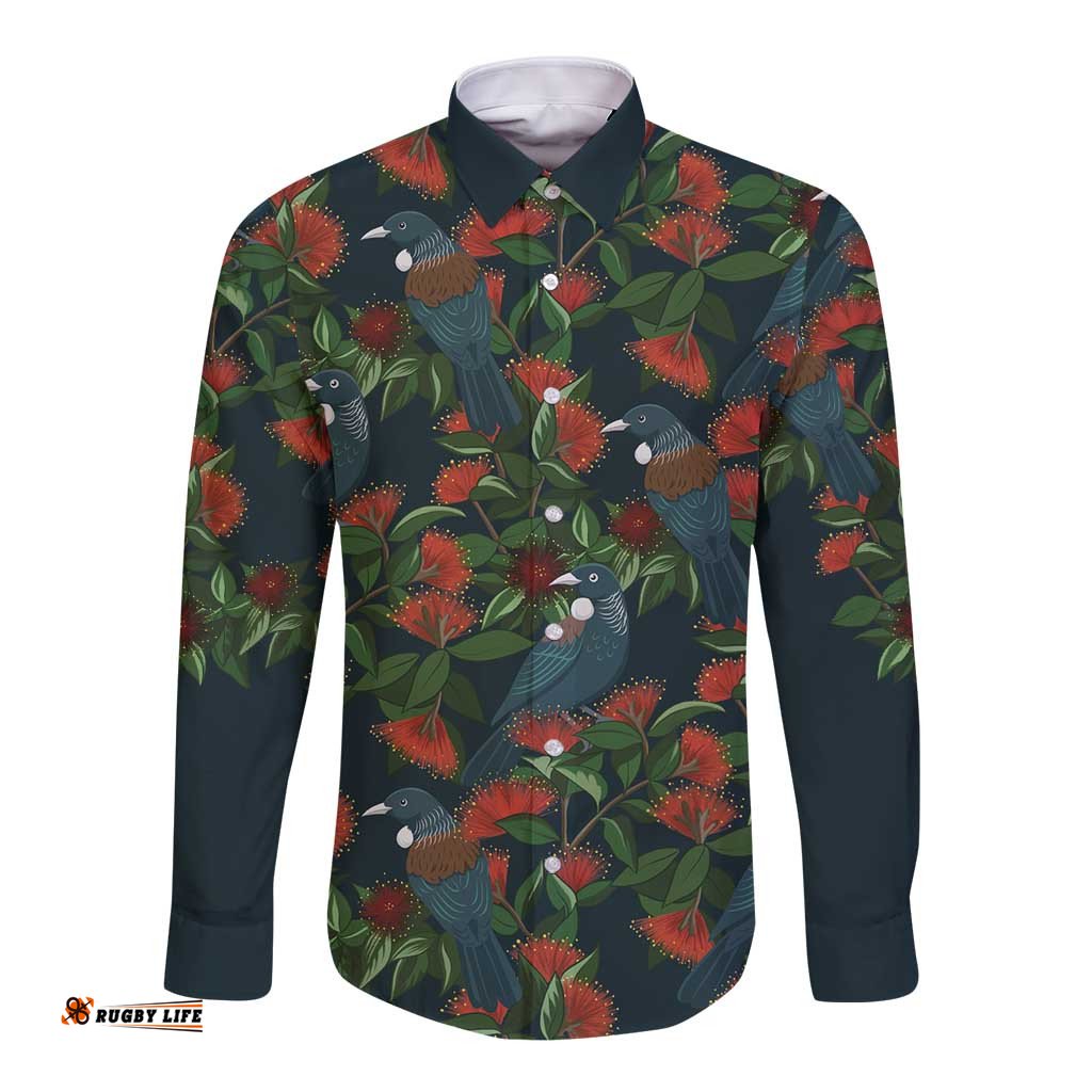 New Zealand Christmas Long Sleeve Button Shirt Romantic Tui Birds on Pohutukawa - Cobalt LT7