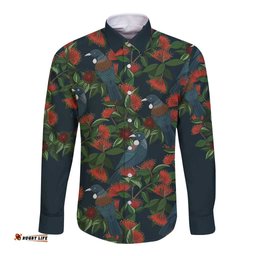 New Zealand Christmas Long Sleeve Button Shirt Romantic Tui Birds on Pohutukawa - Cobalt LT7