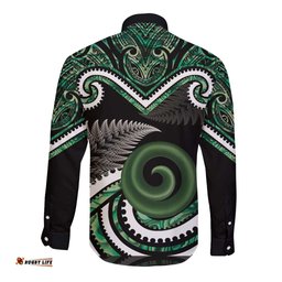 Koru Pounamu Aotearoa Long Sleeve Button Shirt Maori Paua Shell Mix Silver Fern LT14