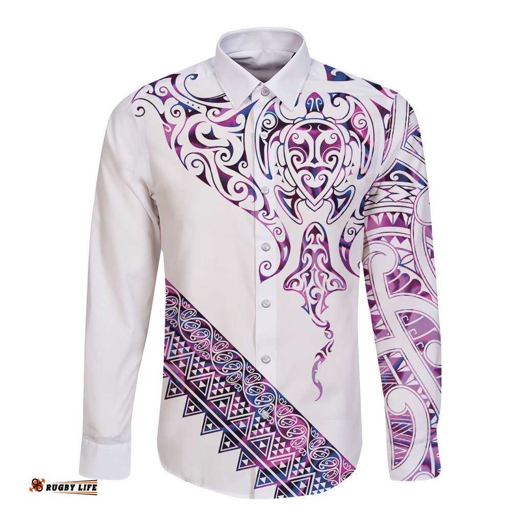 Mawhero Paua shell Kowhaiwhai Taniko Personalised Long Sleeve Button Shirt Manta Ray Shark-Turtle Maori Tribal Style LT9