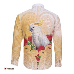 New Zealand Aotearoa Cockatoo Long Sleeve Button Shirt Maori Pattern With Pohutukawa Flowers LT05