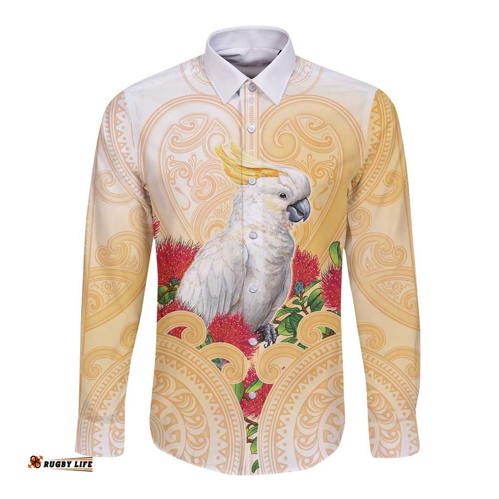 New Zealand Aotearoa Cockatoo Long Sleeve Button Shirt Maori Pattern With Pohutukawa Flowers LT05