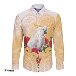 New Zealand Aotearoa Cockatoo Long Sleeve Button Shirt Maori Pattern With Pohutukawa Flowers LT05