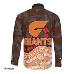 GWS Giants ANZAC Day Long Sleeve Button Shirt Indigenous Dot Art with Poppy Flower Tribute TS04