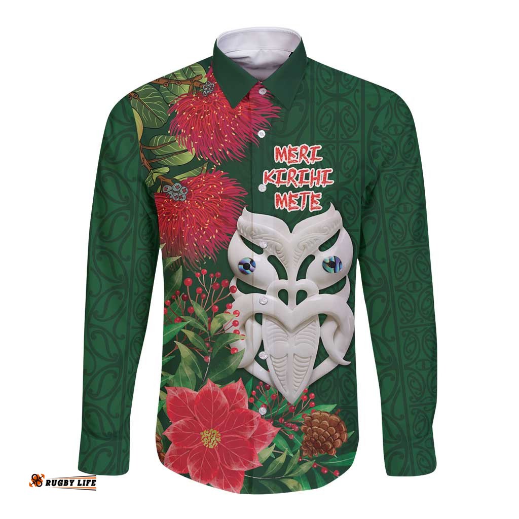 Maori Wheku Meri Kirihimete Personalised Long Sleeve Button Shirt All Green Indigenous Maori Motif LT9