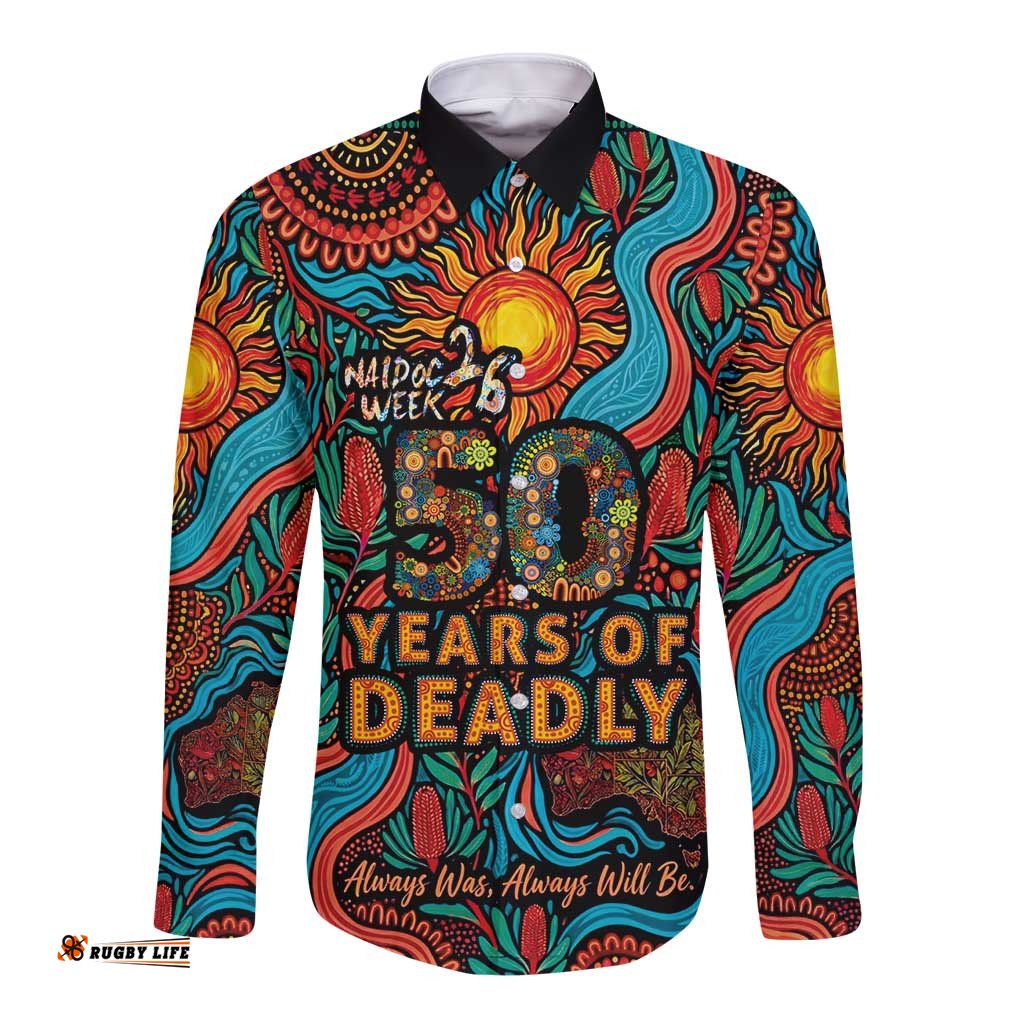 NAIDOC Week 26 Long Sleeve Button Shirt 50 Years of Deadly Aboriginal Motif LT03