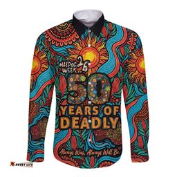 NAIDOC Week 26 Long Sleeve Button Shirt 50 Years of Deadly Aboriginal Motif LT03