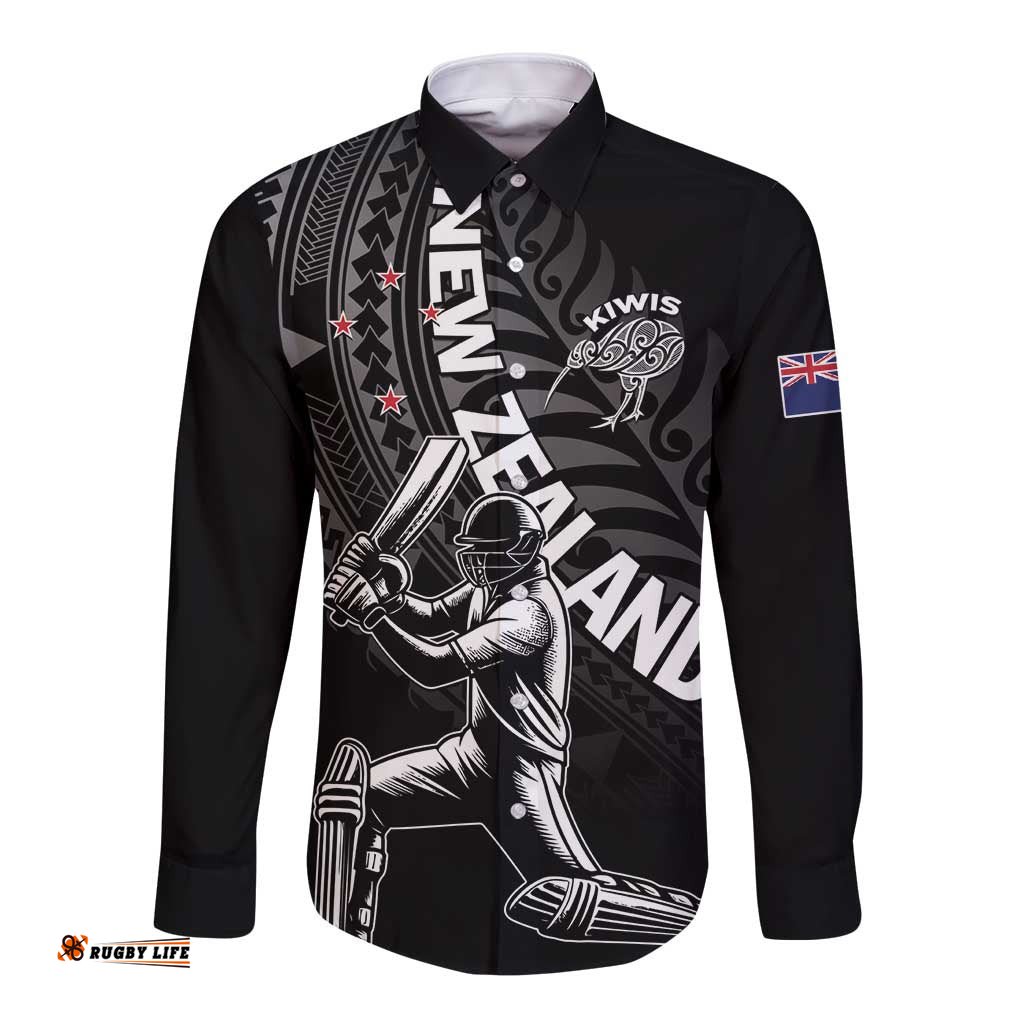 Custom New Zealand Cricket Long Sleeve Button Shirt Maori Kiwi Black Fern LT01