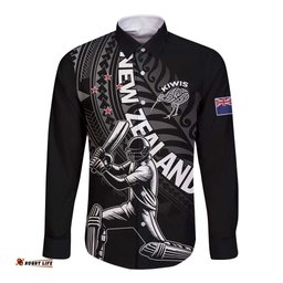 Custom New Zealand Cricket Long Sleeve Button Shirt Maori Kiwi Black Fern LT01