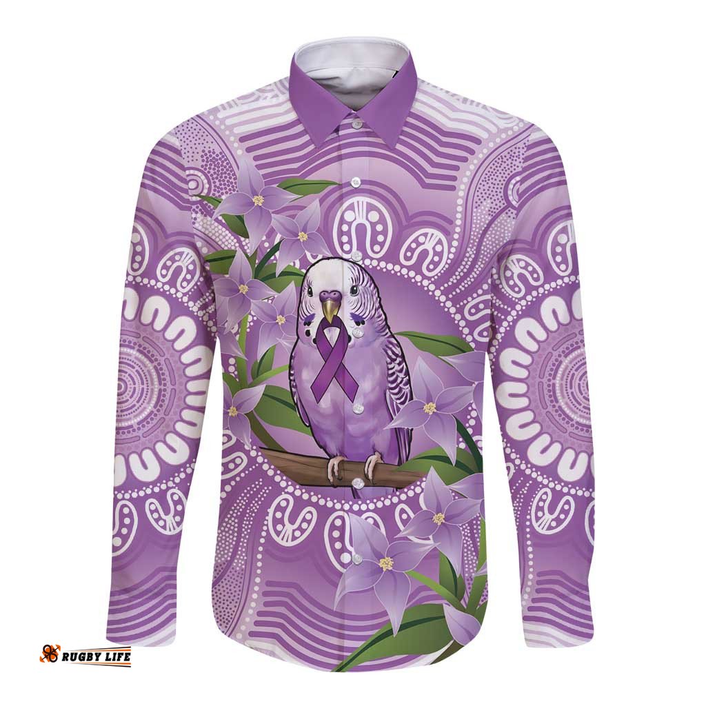 Epilepsy Awareness Budgerigar Australia Long Sleeve Button Shirt Budgie Purple Ribbon Boronia Aboriginal LT14