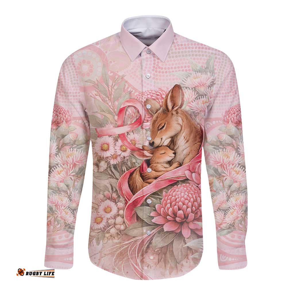 Personalised Breast Cancer Awareness Long Sleeve Button Shirt Mother Kangaroo And Ribbon Hope DT05