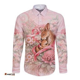 Personalised Breast Cancer Awareness Long Sleeve Button Shirt Mother Kangaroo And Ribbon Hope DT05