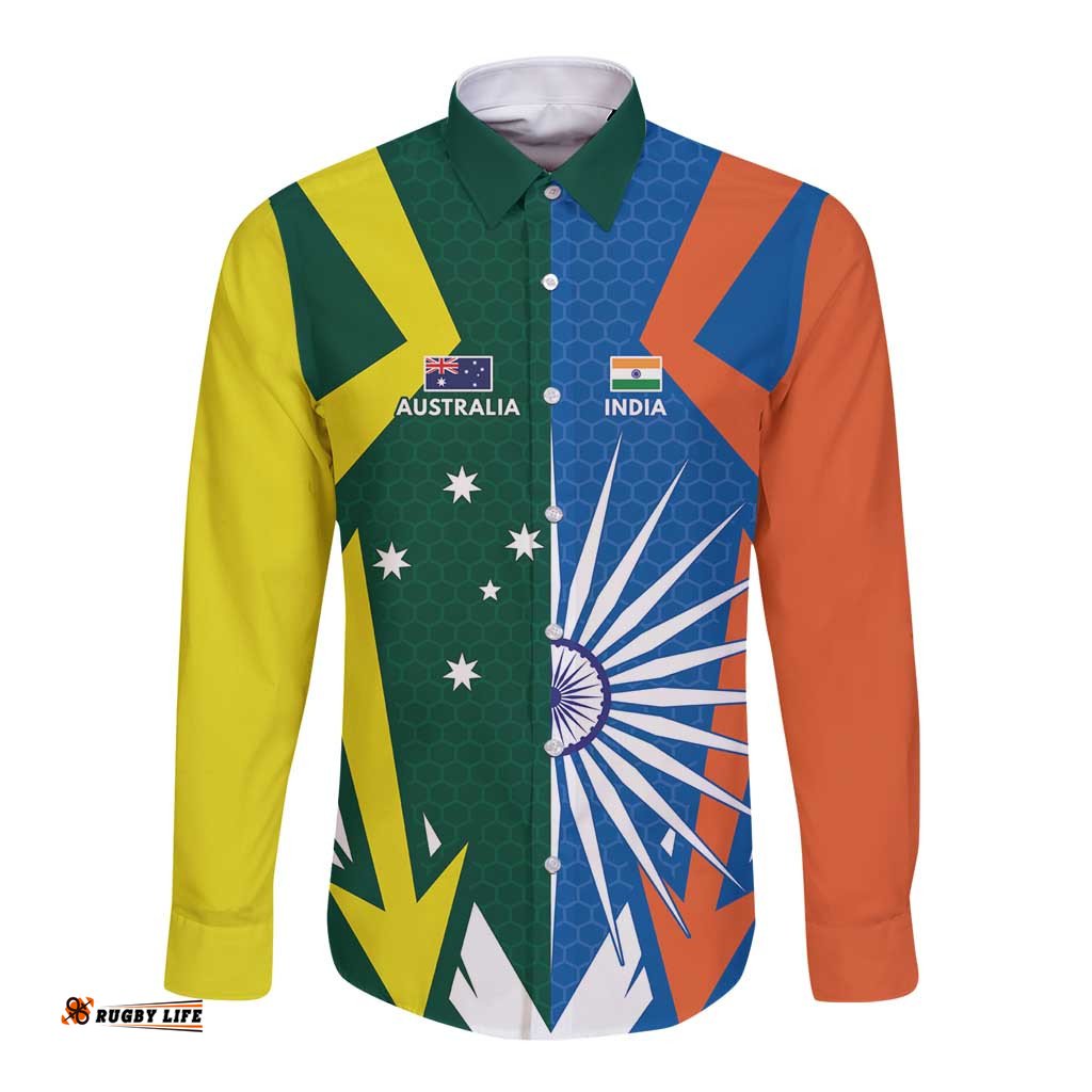 India vs Australia Custom Long Sleeve Button Shirt Blue vs Gold Cricket Heritage LT9