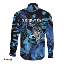 Personalised Maori Romantic Valentine Long Sleeve Button Shirt The Hongi Kiss Blue Galaxy DT05