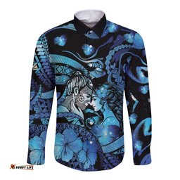 Personalised Maori Romantic Valentine Long Sleeve Button Shirt The Hongi Kiss Blue Galaxy DT05