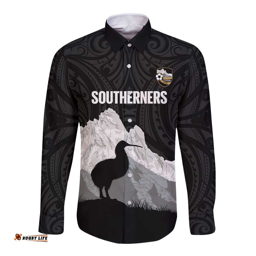 New Zealand South Island Football Custom Long Sleeve Button Shirt Aoraki Mount Cook With Kiwi Maori Pattern LT14
