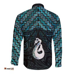 New Zealand Maori Long Sleeve Button Shirt Poutama Manaia Turquoise Paua Shell LT05