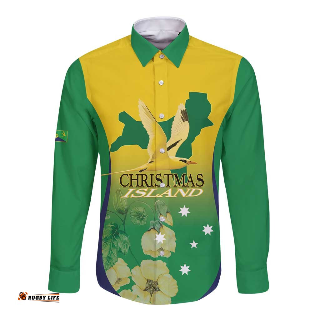 Personalised Australia Christmas Island Long Sleeve Button Shirt Golden Bosun Abutilon listeri With Map LT14