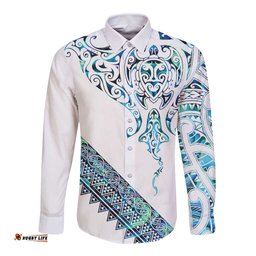Kahui Whetu Paua shell Kowhaiwhai Taniko Personalised Long Sleeve Button Shirt Manta Ray Shark-Turtle Maori Tribal Style LT9